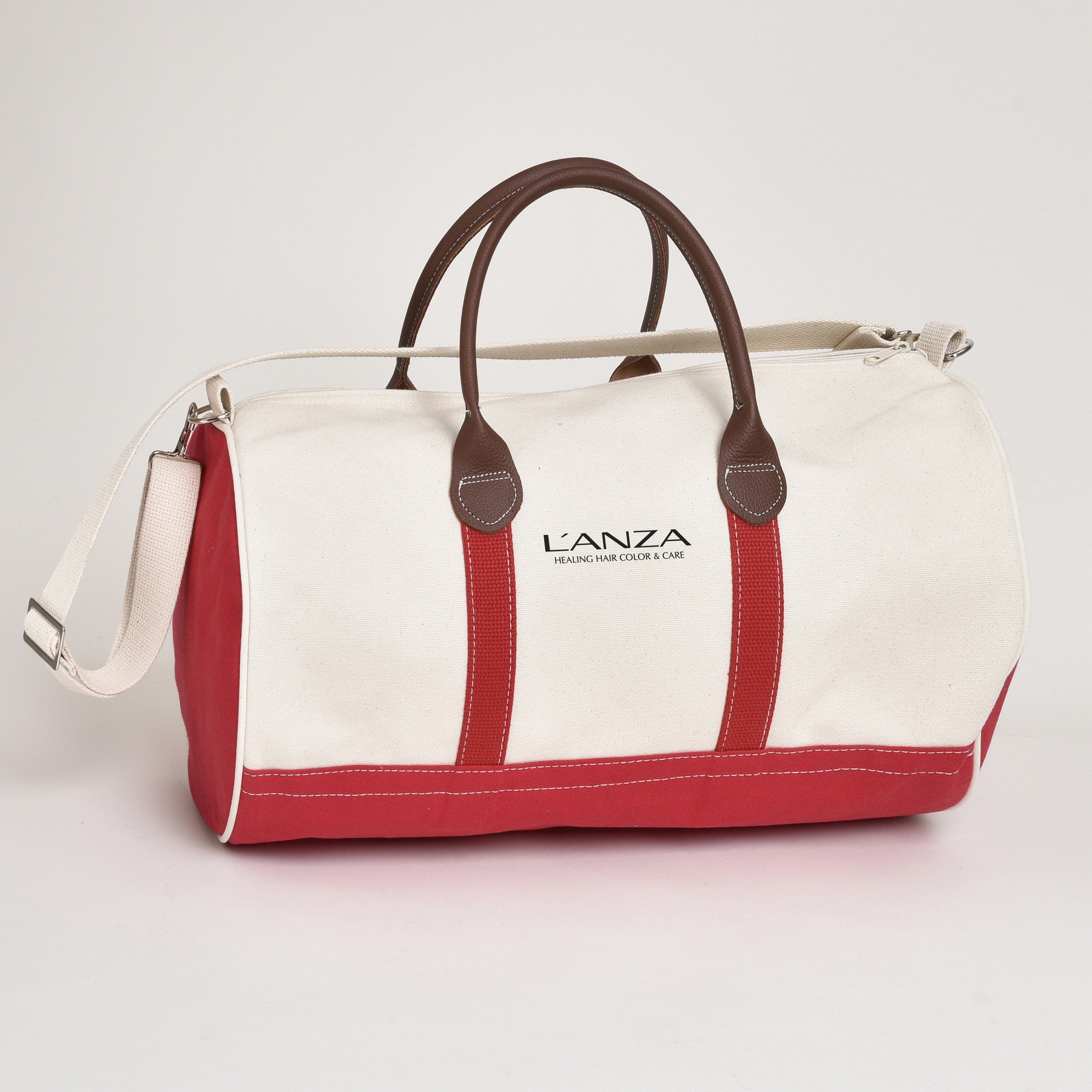 Red & white duffle bag